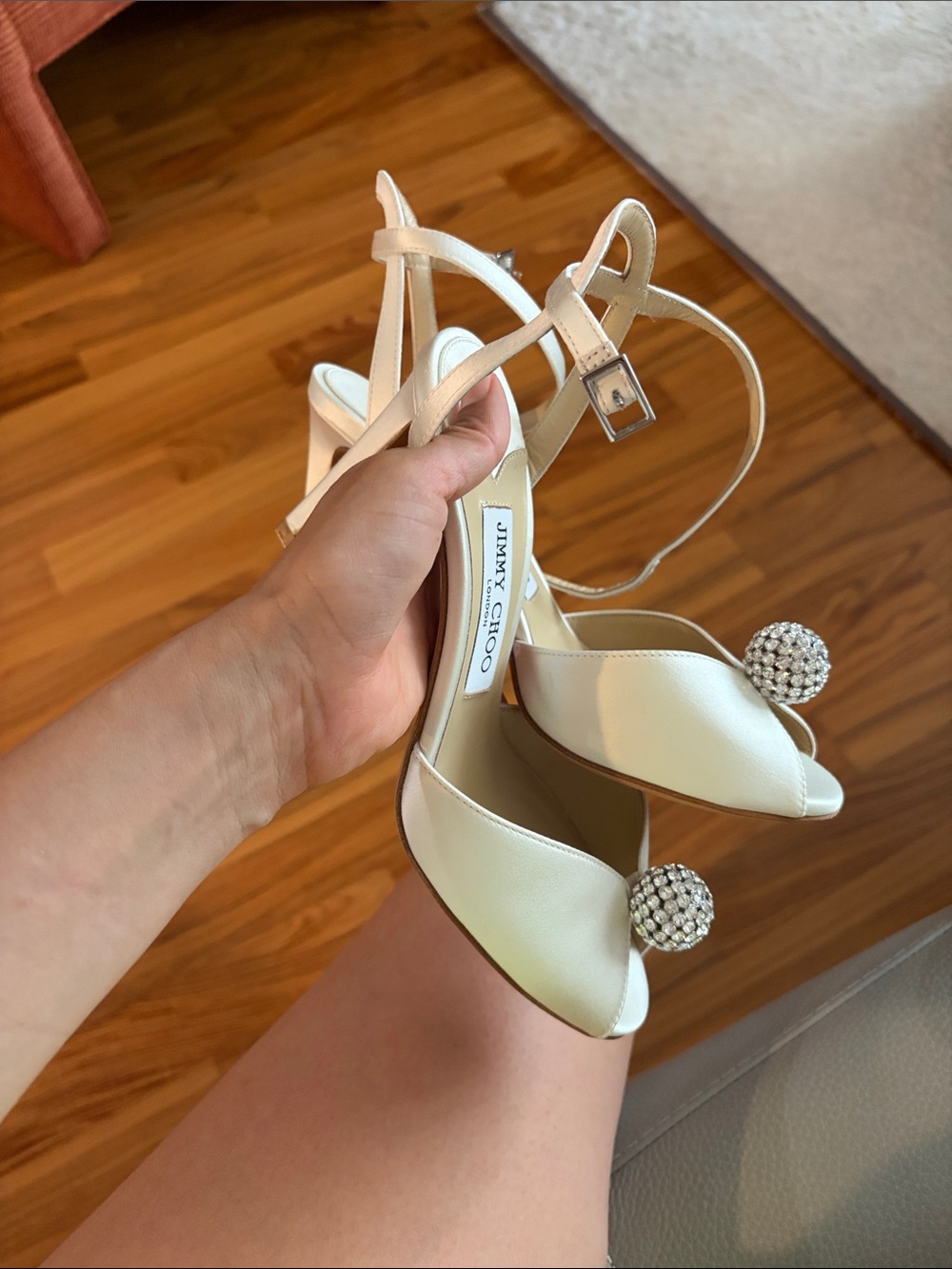 Jimmy Choo Ivory Satin Stiletto Sandals with Crystal Ball Accent - Picture 2 of 8